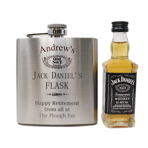 Personalised Silver Hip Flask & Miniature Alcohol - Jack Daniels Design