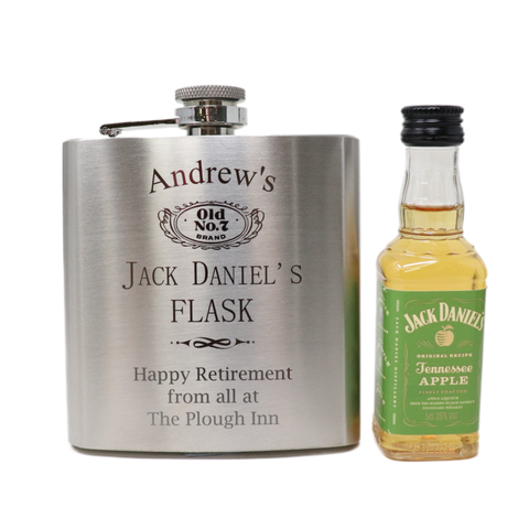 Personalised Silver Hip Flask & Miniature Alcohol - Jack Daniels Design