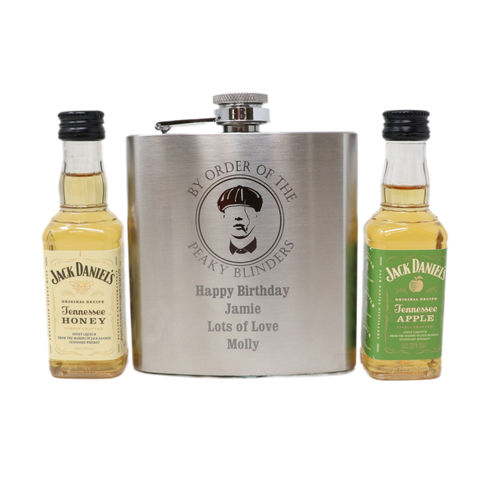 Personalised Silver Hip Flask & Miniature Alcohol - Peaky Blinders Design