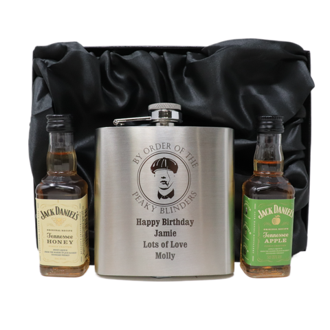 Personalised Silver Hip Flask & Miniature Alcohol - Peaky Blinders Design