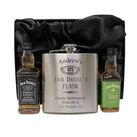 Personalised Silver Hip Flask & Miniature - Jack Daniels Design