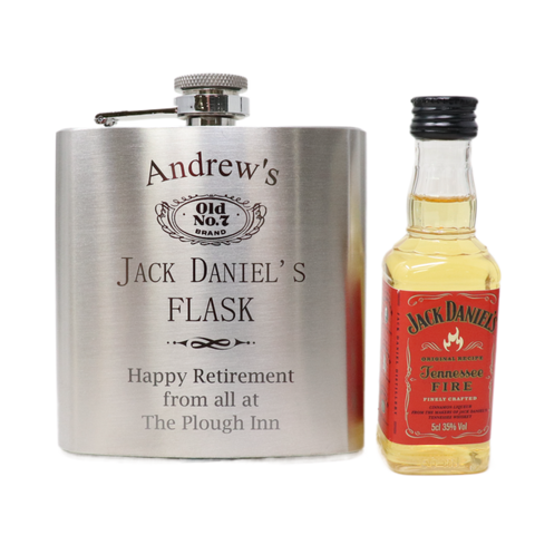 Personalised Silver Hip Flask & Miniature Alcohol - Jack Daniels Design