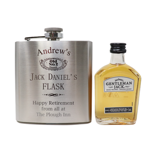 Personalised Silver Hip Flask & Miniature Alcohol - Jack Daniels Design