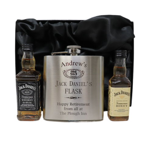 Personalised Silver Hip Flask & Miniature Alcohol - Jack Daniels Design