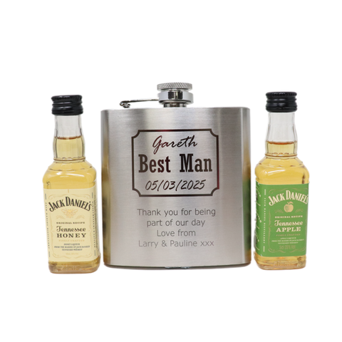 Personalised Silver Hip Flask & Miniature Alcohol - Best Man Wedding Design