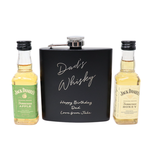 Personalised Black Hip Flask & Miniature Alcohol - Whisky Design