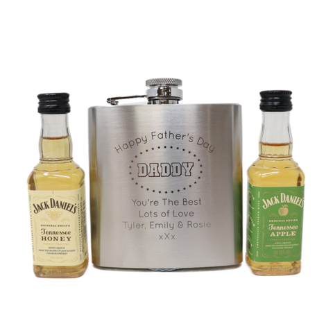 Personalised Silver Hip Flask & Miniature Alcohol - Father's Day Design