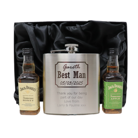 Personalised Silver Hip Flask & Miniature Alcohol - Best Man Wedding Design