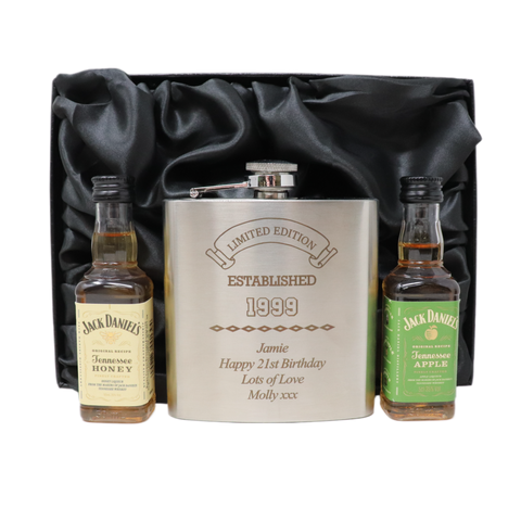 Personalised Silver Established Birthday Hip Flask & Miniature Alcohol Gift Set