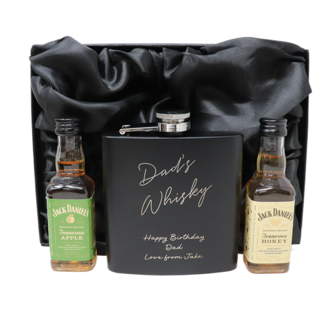 Personalised Black Hip Flask & Miniature Alcohol - Whisky Design