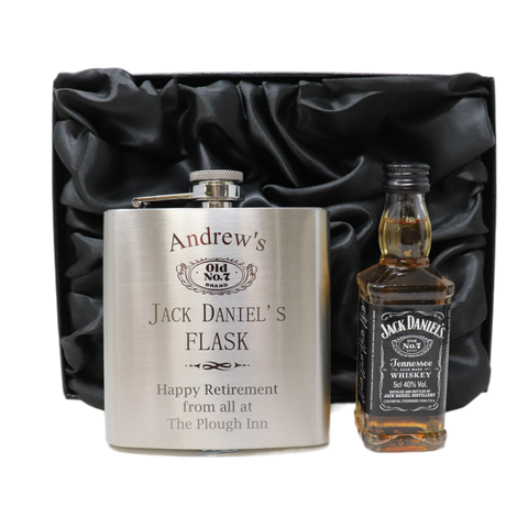 Personalised Silver Hip Flask & Miniature Alcohol - Jack Daniels Design