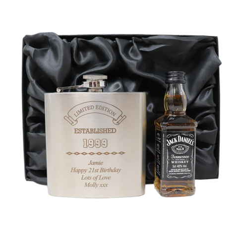 Personalised Silver Established Birthday Hip Flask & Miniature Alcohol Gift Set