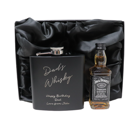 Personalised Black Hip Flask & Miniature Alcohol - Whisky Design