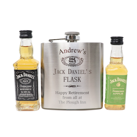 Personalised Silver Hip Flask & Miniature - Jack Daniels Design