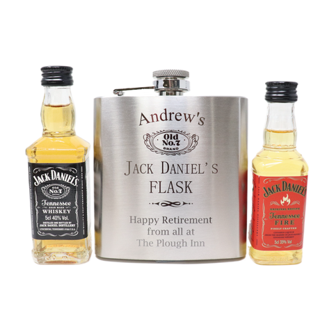 Personalised Silver Hip Flask & Miniature Alcohol - Jack Daniels Design