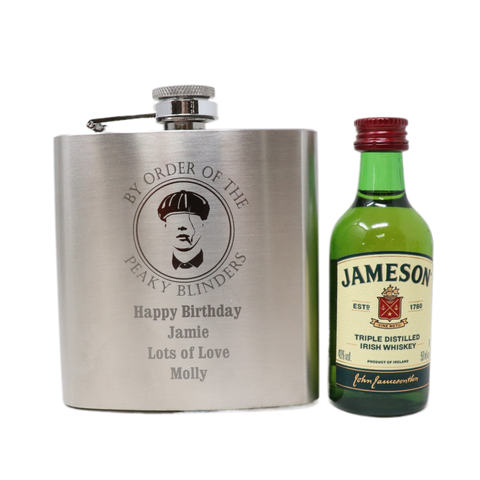 Personalised Silver Hip Flask & Miniature Alcohol - Peaky Blinders Design