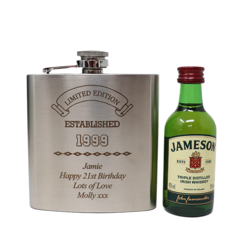 Personalised Silver Hip Flask & Miniature Alcohol - Established Birthday Design