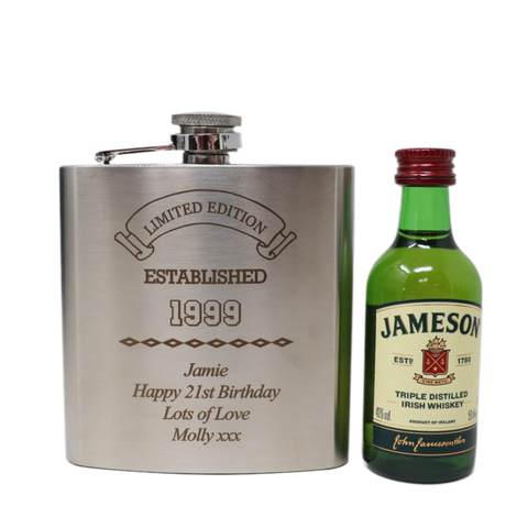 Personalised Silver Established Birthday Hip Flask & Miniature Alcohol Gift Set
