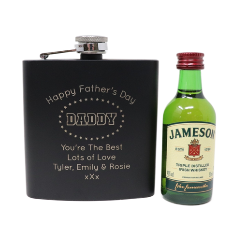 Personalised Black Hip Flask & Miniature - Father's Day Design