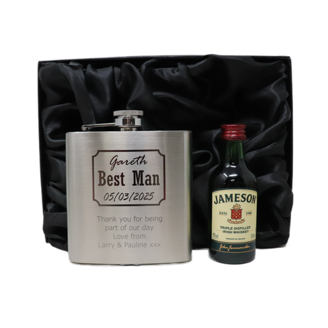 Personalised Silver Hip Flask & Miniature Alcohol - Best Man Wedding Design