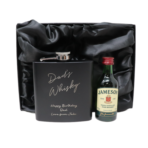 Personalised Black Hip Flask & Miniature Alcohol - Whisky Design