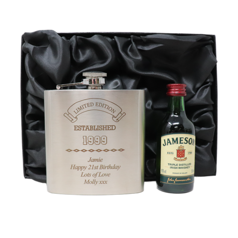 Personalised Silver Established Birthday Hip Flask & Miniature Alcohol Gift Set