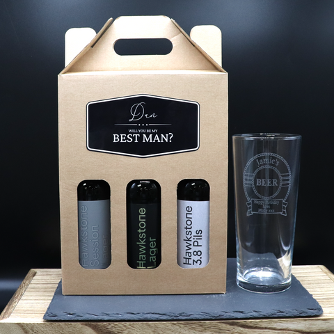 Personalised Kraft Hawkstone Lager Beer Box & Engraved Beer Design Pint Glass