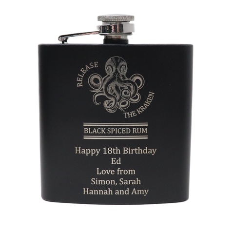 Personalised Black Hip Flask - Kraken Rum Octopus Design