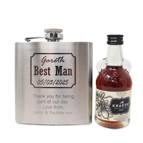 Personalised Silver Hip Flask & Miniature Alcohol - Best Man Wedding Design