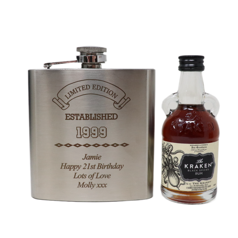 Personalised Silver Hip Flask & Miniature Alcohol - Established Birthday Design