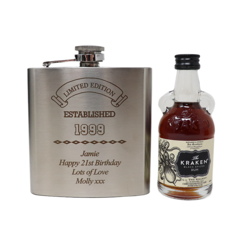 Personalised Silver Established Birthday Hip Flask & Miniature Alcohol Gift Set