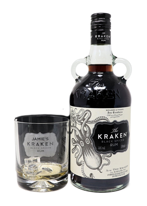 Personalised Glass Tumbler & 70cl Kraken Black Spiced Rum - Label Design