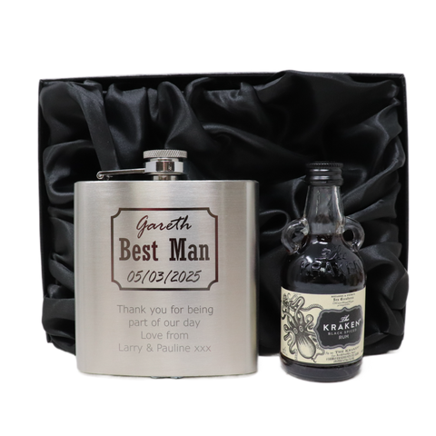 Personalised Silver Hip Flask & Miniature Alcohol - Best Man Wedding Design