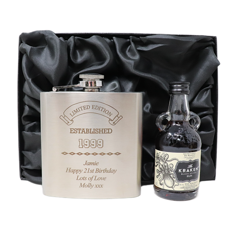 Personalised Silver Established Birthday Hip Flask & Miniature Alcohol Gift Set