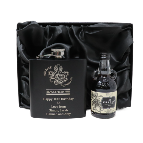 Personalised Black Hip Flask & Miniature Alcohol - Kraken Rum Octopus Design