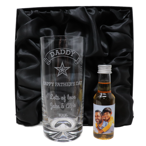 Personalised Highball Glass & Photo Design Mini Alcohol Bottle - Fathers Day Design