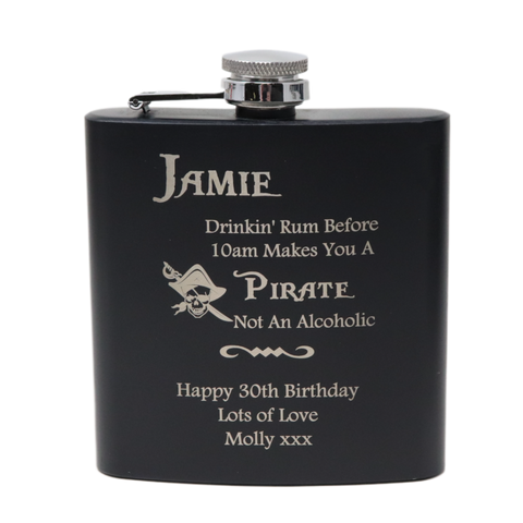 Personalised Black Hip Flask in Gift Box - Pirate Rum Design