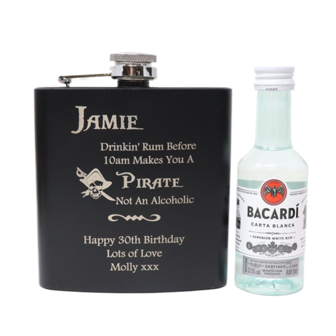 Personalised Black Hip Flask & Miniature Alcohol - Pirate Rum Design