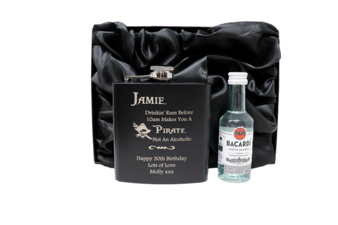 Personalised Black Hip Flask & Miniature Alcohol - Pirate Rum Design