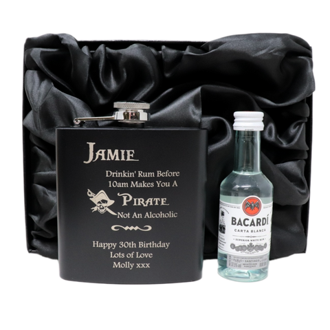 Personalised Black Hip Flask & Miniature Alcohol - Pirate Rum Design