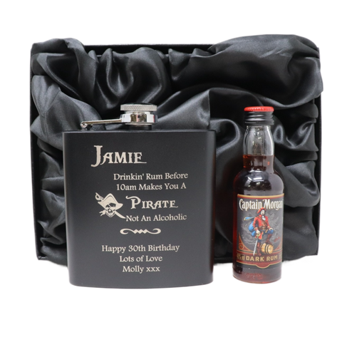 Personalised Black Hip Flask & Miniature Alcohol - Pirate Rum Design