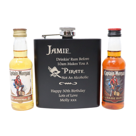 Personalised Black Hip Flask & Miniature Alcohol - Pirate Rum Design