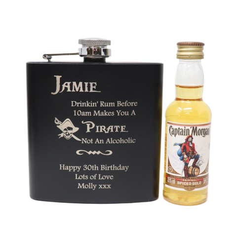 Personalised Black Hip Flask & Miniature Alcohol - Pirate Rum Design