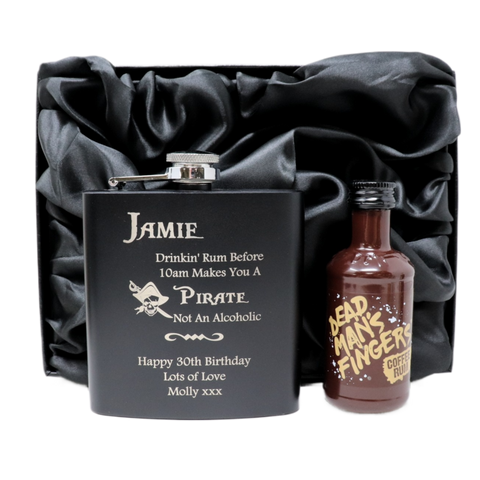 Personalised Black Hip Flask & Miniature Alcohol - Pirate Rum Design