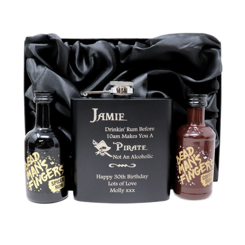 Personalised Black Hip Flask & Miniature Alcohol - Pirate Rum Design