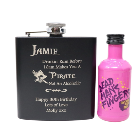 Personalised Black Hip Flask & Miniature Alcohol - Pirate Rum Design