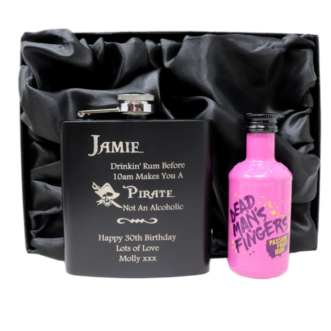 Personalised Black Hip Flask & Miniature Alcohol - Pirate Rum Design