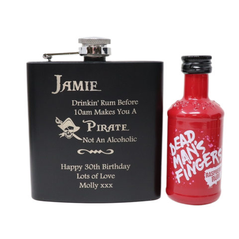 Personalised Black Hip Flask & Miniature Alcohol - Pirate Rum Design