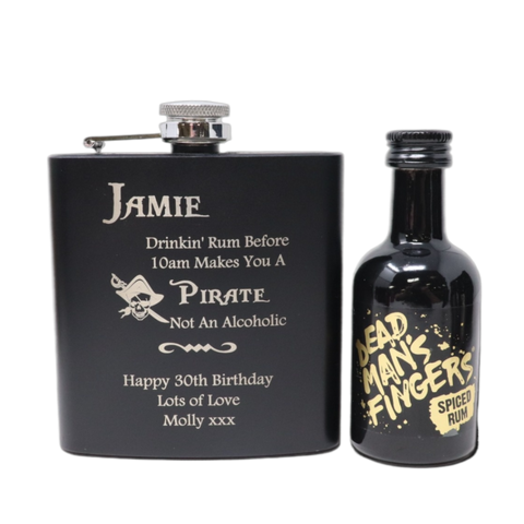 Personalised Black Hip Flask & Miniature Alcohol - Pirate Rum Design