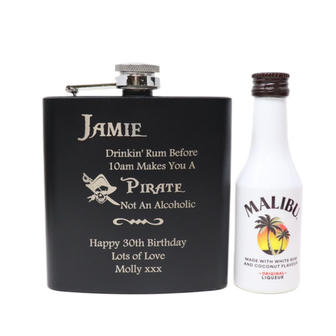 Personalised Black Hip Flask & Miniature Alcohol - Pirate Rum Design